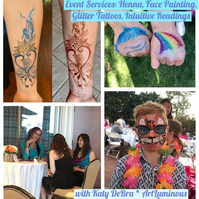 Event services by Katy DeBra: henna, face painting, glitter tattoos & intuitive readings.