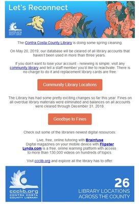 Thursday, May 9, 2019: email I received from Contra Costa Library Administration.