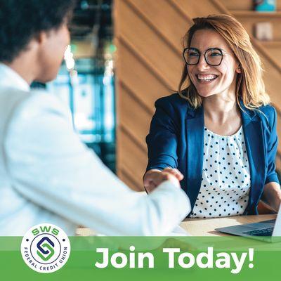 "Join today!", logo, woman shaking hands with someone.