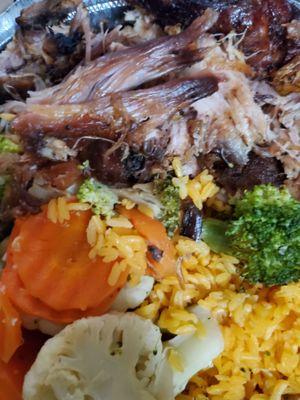 Yellow rice roast pork n steamed vegetables