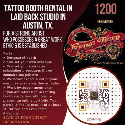 Tattoo artists booth rental available.