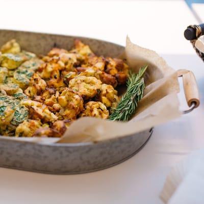 Mini frittata and chicken sausage bread pudding bites.