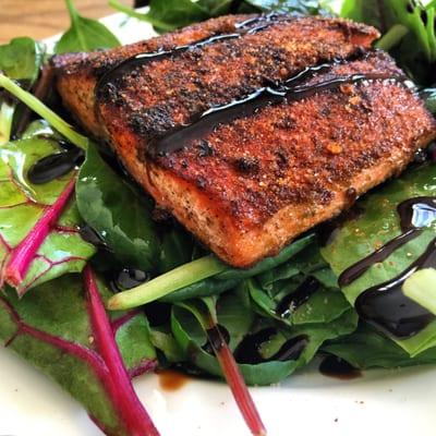 Salmon, Mixed Greens, Olive Oil, Balsamic Vinegar, Himalayan Salt