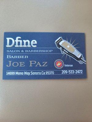 Buisness card for the barber, veteran Joe Paz