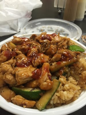 Chicken Bowl-  teriyaki chicken, fried rice and zucchini & onions.