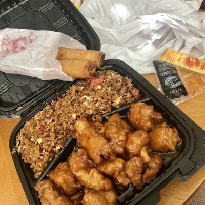 General Tso Chicken Dinner Combination with pork fried rice. You can sub an extra egg roll if you don't want soup. Really good.