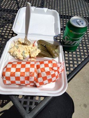 Brisket with a delicious potato salad and your choice of beverage ...... Delicious !