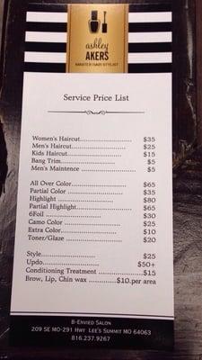 Ashley's Service Price List