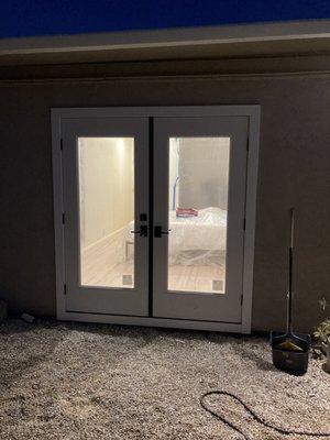 Outside view of patio door installation.