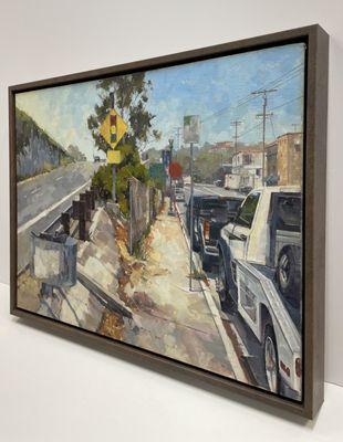 This float frame was the perfect accent to this urban landscape plein air oil. The moulding company even named the line "Concrete."