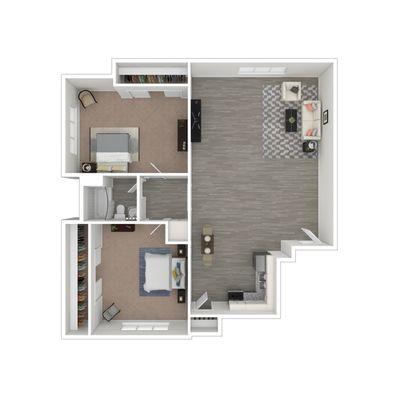 2x1 Corner floorplan, 980-996 sq ft