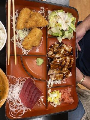 3 combo with teriyaki chicken, ahi katsu, and ahi sashimi