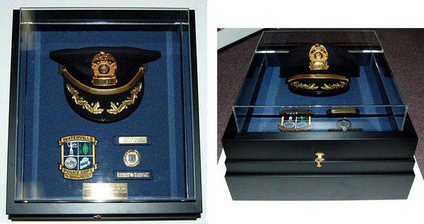 Police chief hat with shadowbox and acrylic box lid.