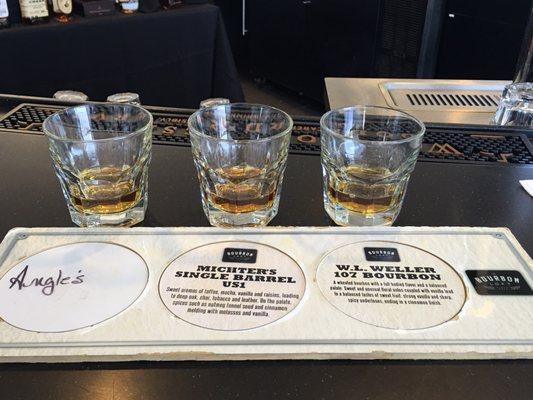 Bourbon flight for $20. My choices are local bourbons: Angel's Envy, Michter's Single Barrel, and W.L. Weller 107