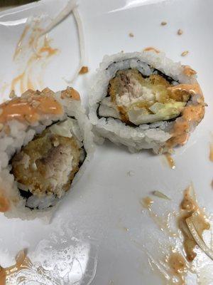 Fish tempura/Miami roll sorry for the mess I couldn't wait to eat it before I took a picture