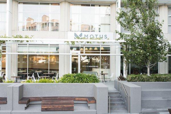 Store front and seating by the fountain