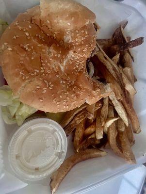 Bacon cheeseburger and undercooked fries