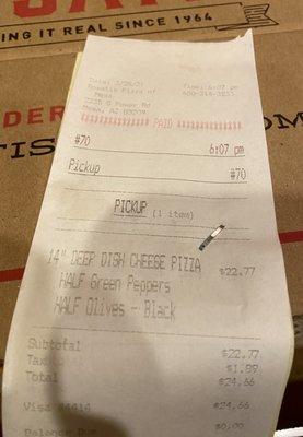 Receipt showing Green Peppers were indeed ordered