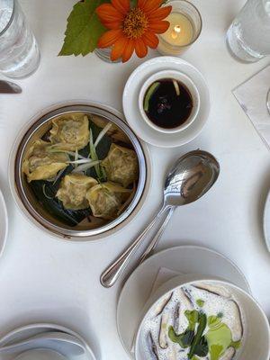 Tom Kai Gai (soup) and pork and chive dumplings