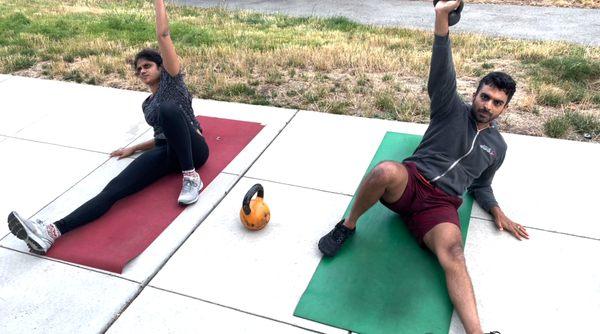 Couples' training at the park! Kettlebell Turkish get up!!!