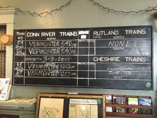 The time table for Amtrak. Only the Vermonter train stops at this station.