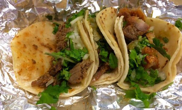 Left to right, al pastor, carnitas and chicharron.