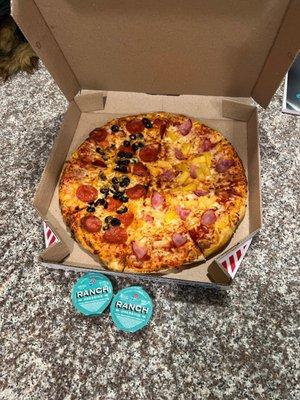 Half ham & pineapple and half pepperoni black olive pizza side of ranch