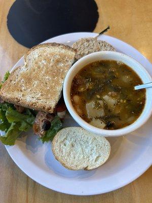 Combo BLT sandwich and Portuguese sausage and kale soup (BLT is always on the menu, soups rotate daily)