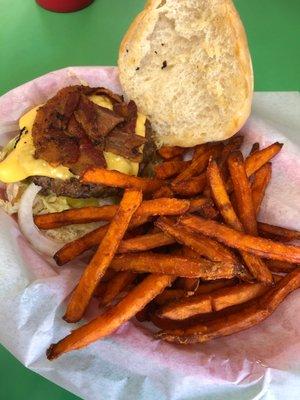 Bacon burger with sweet potato fries.