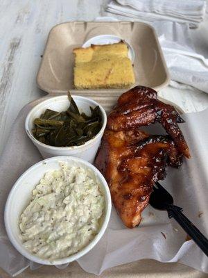 Grilled bbq breast & wing with collards, Cole Slaw & Corn Bread