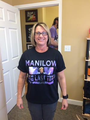 Sandy rocking some Manilow merch we shipped out to their gig