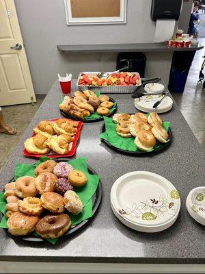 Donuts, Coffee, fruit, yogurt, bagels on a Friday morning provided by Royal Oaks I am appreciative of their thoughtfulness.