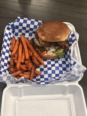 Bingle Road burger with sweet potato fries