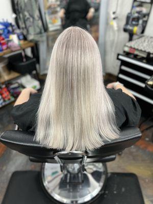 White blonde silver gray blending hair color