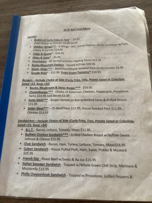 Front page of the menu