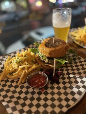 Grass Fed Lamb Burger - pretty tasty, with Garlic Fries - yum