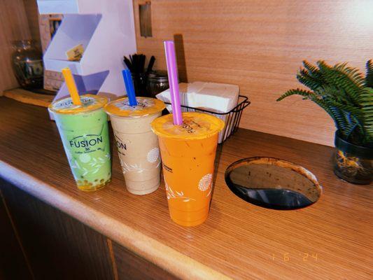 Honey dew, Matcha smoothie, and Thai tea