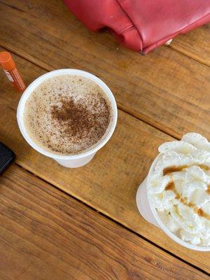 Cinnamon Bun coffee with oat milk and Carmel Latte with fresh whipped cream