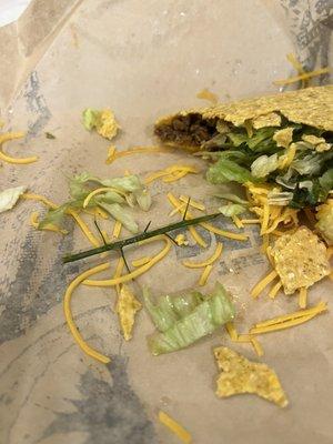 Ummm what the heck is that green branch thing?  I bit into the taco and that piece stabbed me, they should be forced to shut down.