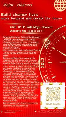 New year extend the hours and service.welcome to join us make cleaner and fresher life together.