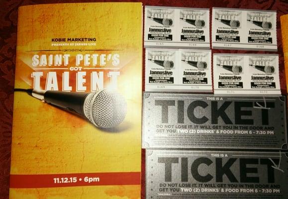 St Pete's Got Talent Tickets, Drink Tickets, and playbill with the schedule of performers