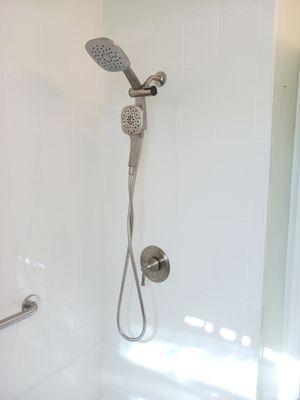 8" white tile with brushed nickel fixtures. Shower remodel