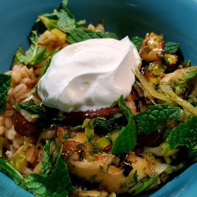 Barley, mushrooms, leeks, herbs and sour cream... a vegetarian pseudo risotto that can be altered for vegans.