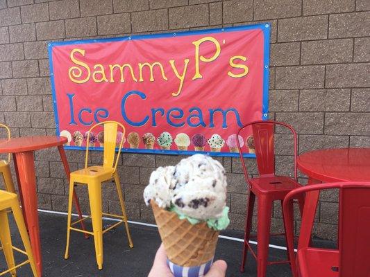 Small waffle cone with one scoop mint chip and one scoop cookies and cream- delicious!