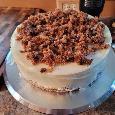 Carrot cake cheesecake with white chocolate ganache.