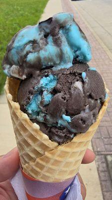 Cedar Crest's Deep Space ice cream (Blue Moon mixed with dark chocolate and swirls of frosting) in a waffle cone