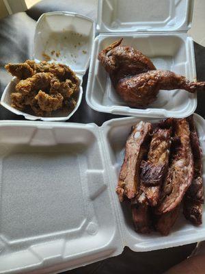 Chicken gizzards, smoked chicken, and beef ribs.