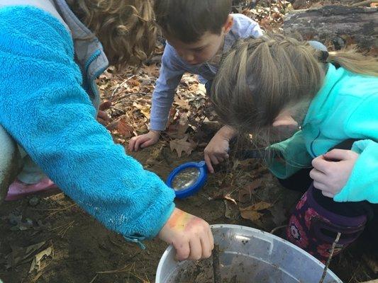 Forest School students play, explore, and learn, in our more than 2 acres of outdoor classroom space.