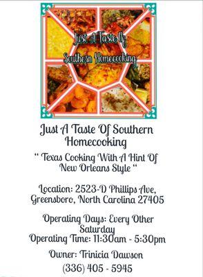 This Is A Brochure For Just A Taste Of Southern Homecooking Location, Date, Time, Contact Information, And Menu Options