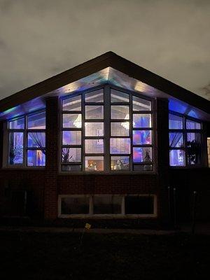 The back of the spa at night. Waiting room.